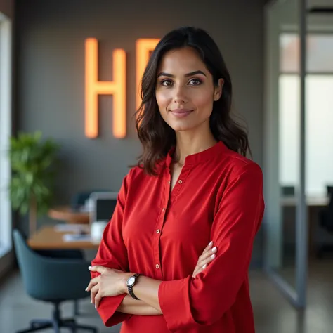 Hd image of lady office staff wearing red kurti, in hr consultancy office, human resource symbol on background 