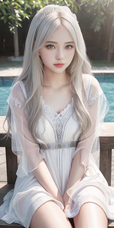 Leila、sexy＆Cute Women、20-year-old、(Russian women:1.3), thick upper lip、Big gray eyes、Blonde medium-long hair、alone, Bust 90cm,8 heads model style,Pale skin 、White dress, Ultra HD Photos, Highest quality, Ultra-high resolution, Realistic realism, sunlight, ...