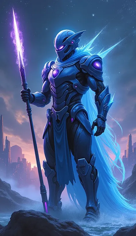 Design a futuristic warrior for the zodiac sign Aquarius in February. This warriors armor is sleek and metallic, with glowing blue and purple accents. The design is inspired by advanced technology, water, and air elements. The warrior holds a high-tech ene...