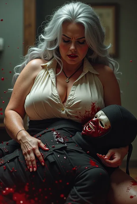 Hight quality, realistic view, very beautiful matronly woman, very big breasts, woman sexy body, shirtwaist dress, long gray hair, woman cut throat male by knife, blood splashed, male die lying on woman lap, blood splashed, blood splashing, male ninja, mal...