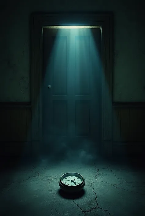 A dark, claustrophobic room with cracked walls and a single, flickering light casting long shadows. The heavy wooden door is shown slammed shut, its edges glowing faintly as if sealed by an unseen force. In the center of the room, an old clock lies on the ...