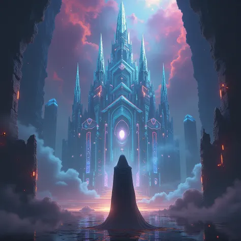 floating crystal temples in a nebula of color, // now use this idea to make an image art for the INFAMOUS ALCHEMiST //  INFAMOUS ALCHEMiST  in capitol letters in the album art