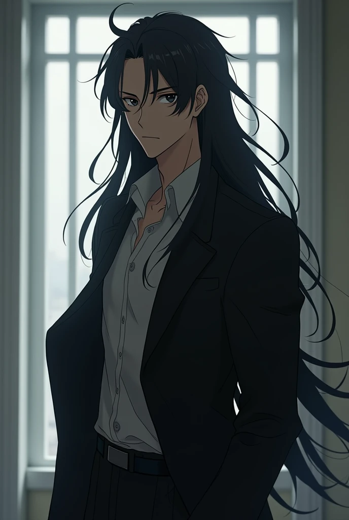 He is a male teacher with long black hair, handsome face, cold personality and anime style. 