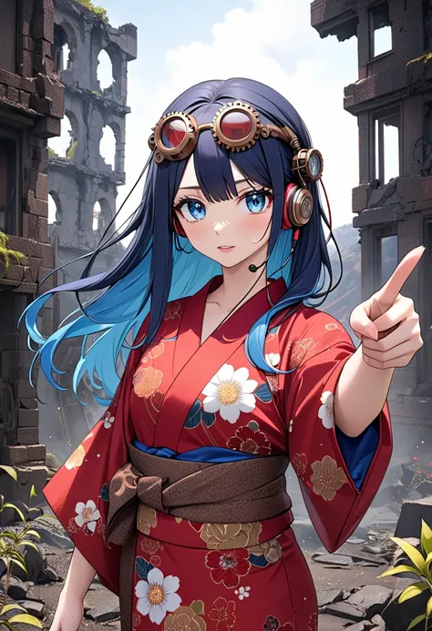 (Best masterpiece, High resolution: 1.5), (8K, RAW photo, Perfect anatomy, Golden ratio: 1.4), Pointillism, Professional photo, Solitary Japanese idol, (Real: 0.5), (Pointing :1.5), (Floral pattern, red yukata, red glasses, steampunk earphones:1.5), (Ruins...