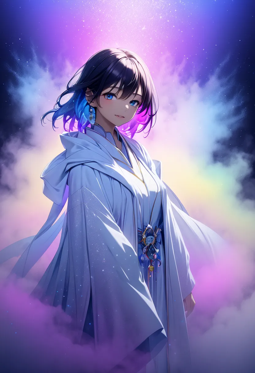 the magician dressed in a white robe･ women with dark hair "haruna", ((background:mysterious fog  , blue, neon dust,  shading ef...