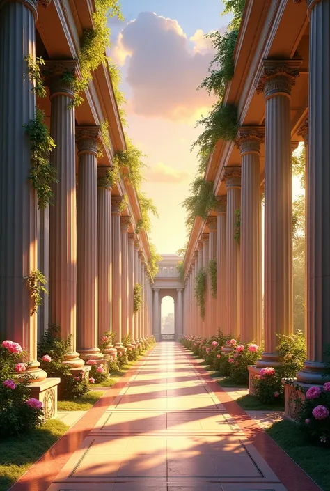 open to sky corridor with roman style columns on side covered in flowers evening view