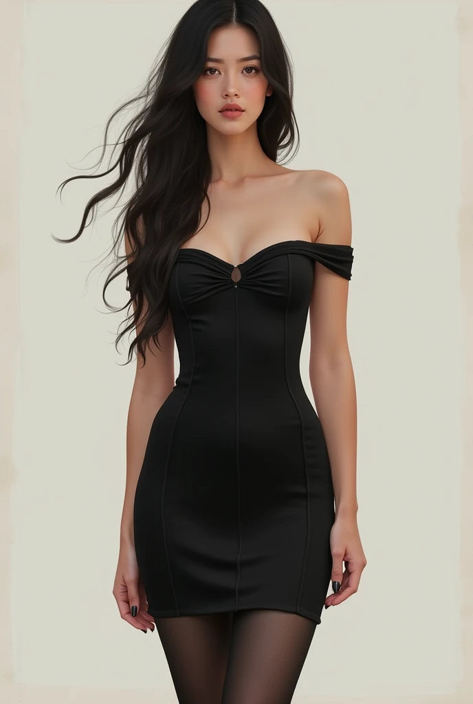 A young lady , caucasiana, medium height, thin,  long dark and loose hair wearing a black dress  "tube top" that shapes the body , wearing black tights and wearing a black platform boot.