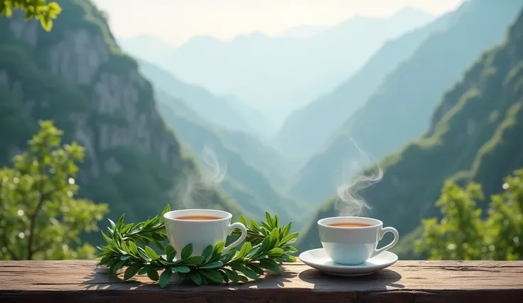 "picturesque landscape，Next to it there is a laurel crown accompanied by a steaming cup of coffee and a soothing cup of tea in the majestic Yunnan mountains."