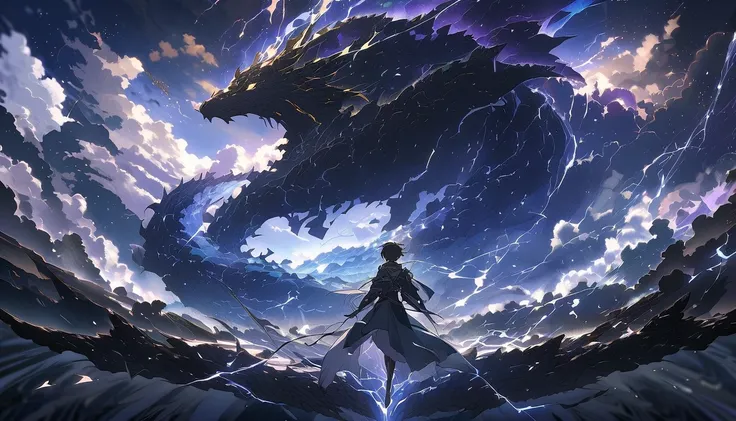 Anime style, fantasy, adventure. A black-haired man riding on the back of a dragon with its wings spread wide. The man appears to be leaping with strength and determination. The background features a breathtaking, otherworldly landscape filled with hope, c...