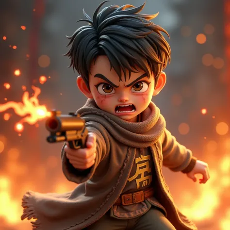  and hold the Fangtian Pistol in your hand，Chill and shine，Strike an aggressive stance，Wearing a shabby cloak，“Qin” is printed on his clothes ，Fierce expression，grimace in pain，3d cartoon，boy，Angry flames as background。