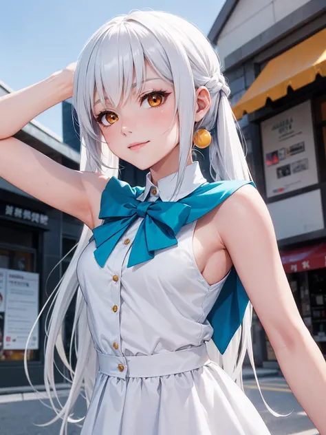 A woman, long hair styled in two ponytails tied with electric blue ribbons, white hair with orange streaks and a subtle sky-orange tint at the tips, ambar eyes, subtle smile, Chica anime in a white dress posing for a picture, seductive Chica anime, attract...