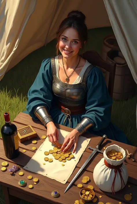 Generate a photorealistic setting. A woman in a medieval outfit, full length blue shirt, steel breastplate, sitting in front of a table. The table has sheets of paper and a bottle of wine. The woman looks up at the viewer, smiling. The woman is coining a p...