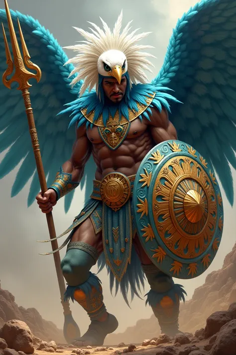 Draw Huitzilopochtli in blue with a Tonatiuh stone shield that shows the Mayan sun in front of the shield and in the other hand a spear with a trident of Shiva at the tip that Huitzilopochtli has a hat with a white eagle head on his head, his feathers are ...