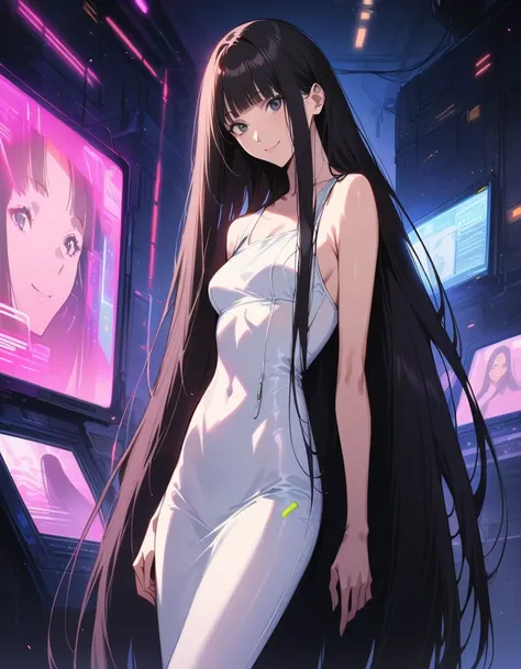 ((masterpiece,best quality anime:1.3,Best Quality)),realistic,cowboy shot,portrait,1woman,young adult,((very long straight hair)),bangs,black hair,((very small head:1.4)),gray eyes,gorgeous big eyes,smile,((very long body:1.4)),medium breasts,(skinny,slend...