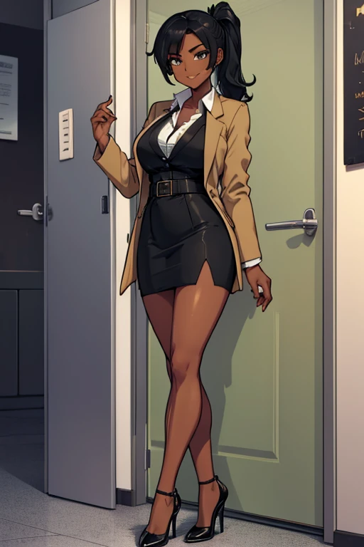 female, black hair in a pony tail, hazel eyes, dark skin, (((1girl))), (((tan blazer))), (black dress shirt), (green pencil skirt), (tan heels), cute and sexy, full body, big breasts, long legs, smiling