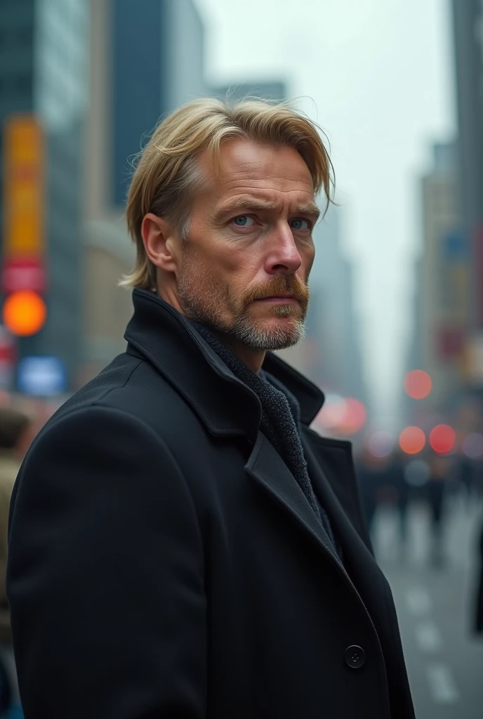 A guy of 30 years of Slavic appearance blond hair blue eyes in a coat against the background of a large city