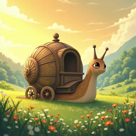 high quality, best quality, japanese animation, Create a simple carriage powered by a giant snail in a medieval fantasy landscape.