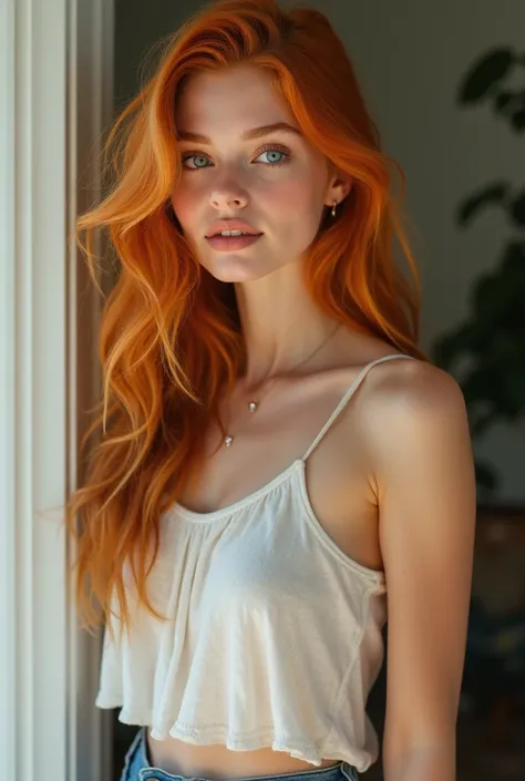  Give me an image of a beautiful 20-year-old girl with long wavy orange hair white skin has blue eyes tall slim with curves she is wearing casual clothes. 