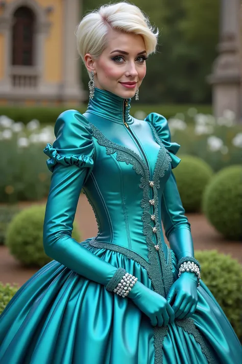 Whole body,  fullbody photography, full body shot,  oliviawilde  , turquoise corset, shiny latex Dress, Masterpiece, best quality, ultra high res, (photorealistic:1.4) , fit, tiny waist, 18inch waist, Pixiecut Blonde hair smiling, blushing, pink cheeks, st...