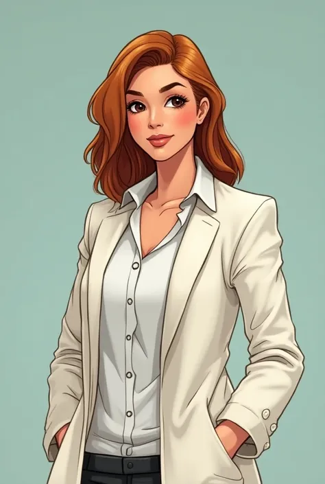 create a character from Monica&#39;s Gang, a comic book featuring a teacher from Rio de Janeiro wearing a white coat with hair below her shoulders, copper colored and smooth, eyes browns, white skin color, short in stature, with full lips, wide silhouette ...