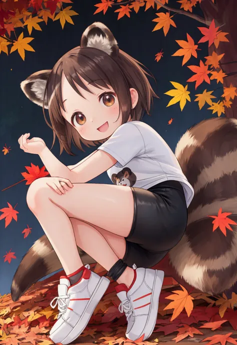 masterpiece, best quality, high definition ,Anatomical,Realistic, detailed description , perfect lighting,8k,kawaii,Big maple tree ,autumn leaves, falling leaves,((１People s)),Baby Face,Petite,flat body ,T-Shirts, miniskirt that snaps around the knee,bike ...