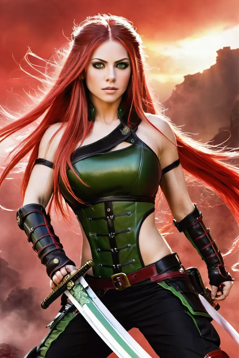 avril lavigne at 24 years old with green eyes, perky nose and sleek features as an imposing female warrior stands ready for batt...