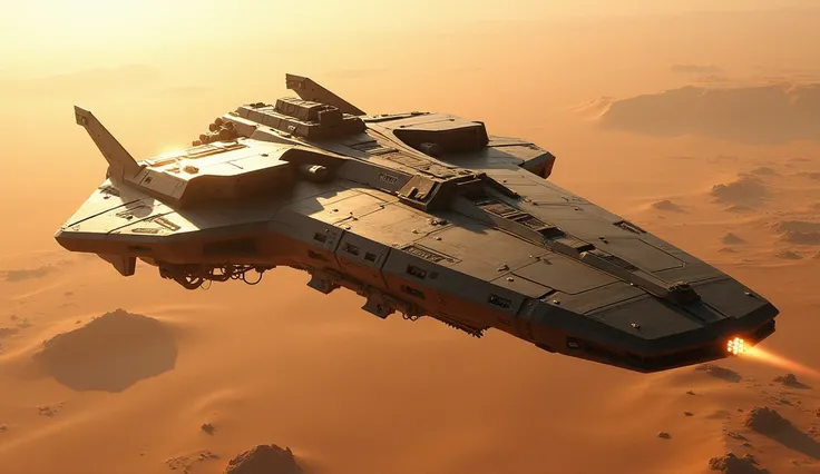 hyper realistic image of a close up of a spaceship flying over a desert area, world of war spaceships, space opera and dystopian style, star citizen digital art, sulaco star destroyer drop ship, star citizen halo, star citizen, star citizen concept art, st...