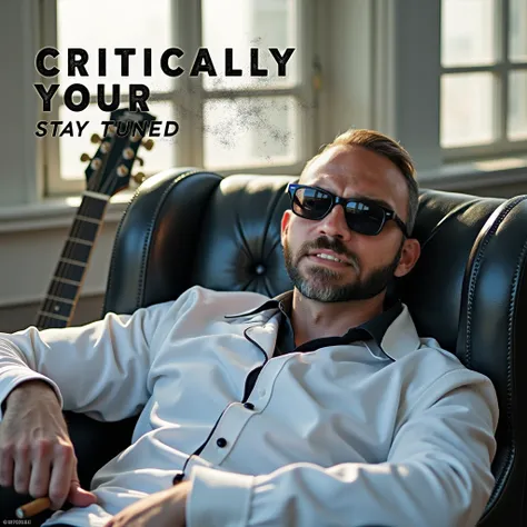 A band poster showing the singer wearing black sun glasses, sitting in a leather arm chair with a cigar in his hand and a guitar next to the chair. The bands name is " Critically Yours" the songs name is " Stay Tuned" 