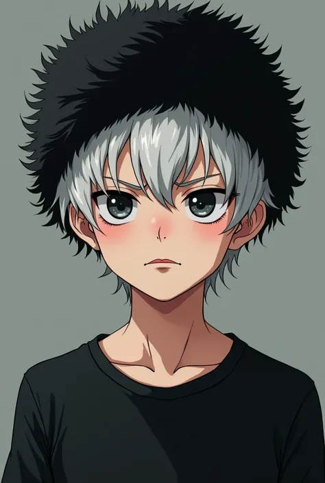 Boy,white hair,black eyes,lazy face,
 black t-shirt, anime,mad mouth,black ushaka