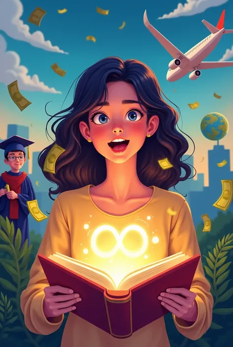 "A vibrant illustration of a young woman joyfully opening a glowing book revealing an infinity symbol.  The book is surrounded by falling money, sprouting plants, and a cityscape.  In the background, a graduation figure holds a diploma and an airplane flie...