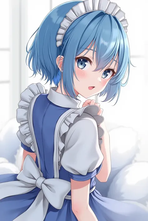  look at the audience,  high resolution , Maid outfit, cute,  1 girl, Solo, shill, Two stupid hair.,  Blue Hair, tidy, smile, Be mature,  dark blue eyes,