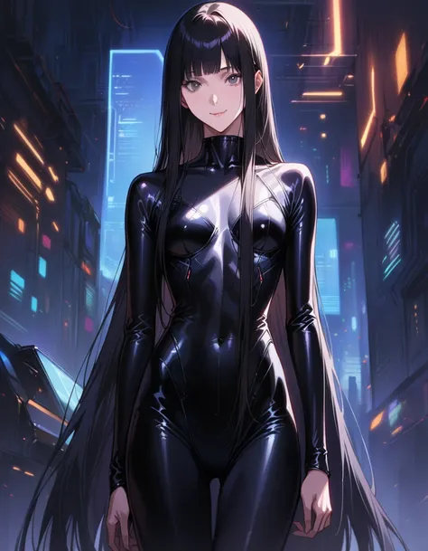 ((masterpiece,best quality anime:1.3,Best Quality)),realistic,cowboy shot,portrait,1woman,young adult,((very long straight hair)),bangs,black hair,((very small head:1.4)),gray eyes,gorgeous big eyes,smile,((very long body:1.4)),medium breasts,(skinny,slend...