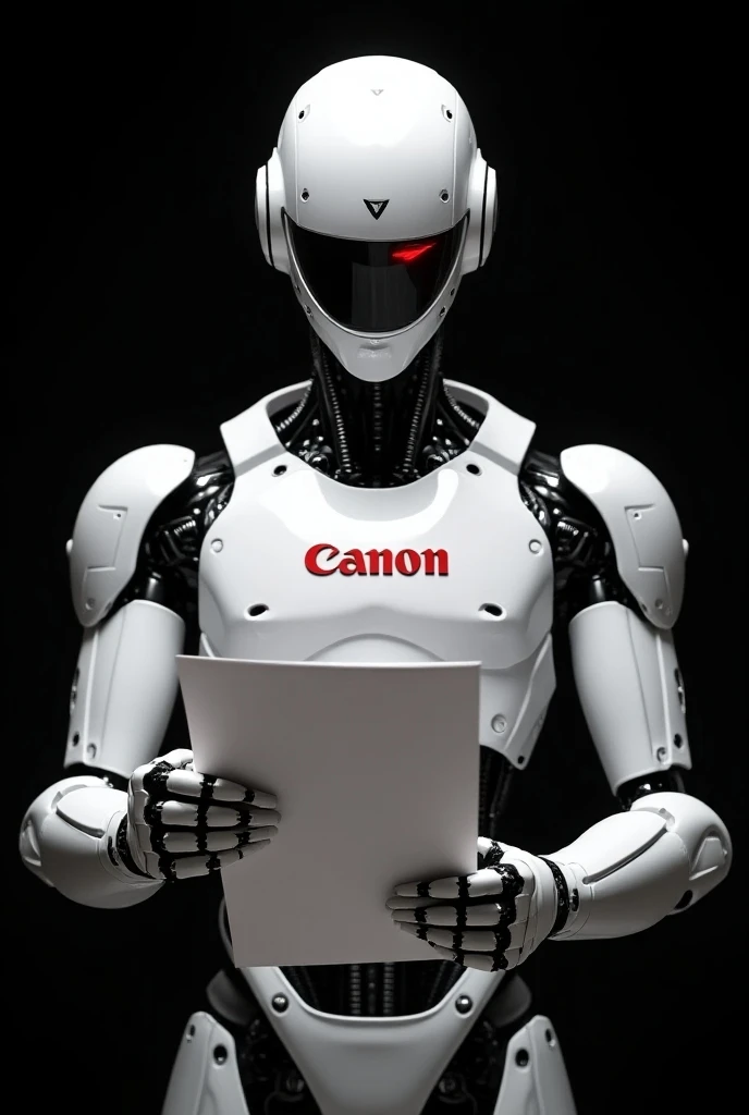  Full body a cyberpunk male robot, white and black in color, with a photocopy machine-like head that has the "CANON" Red logo, a 3D text chest piece that 3D says "SAMAFITRO", on a black background Focus facing the camera. The robot holding the paper is doi...