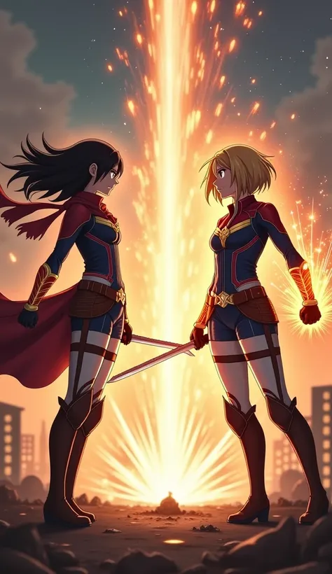 A hyper-realistic 8K resolution scene depicting an intense face-off between Mikasa Ackerman from Attack on Titan and Captain Marvel from Marvel Comics. Mikasa stands poised with her dual blades, wearing her Survey Corps uniform, her scarf flowing in the wi...