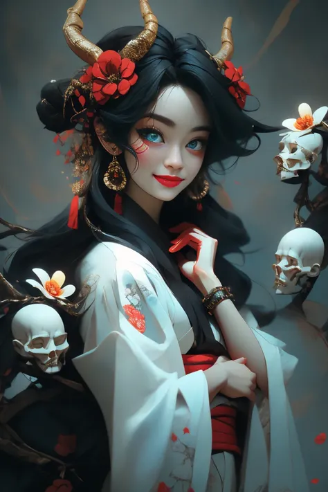 ( masterpiece:1.2),  Best quality ,pixiv,
A hyper realistic ultra detailed photo of hansome girl, ultrarealistic,  black hair , Japanese clothing, estampado floweral, 1 girl,  hair ornament, antlers,  session,  watching the spectator , flower, kimono, Blue...