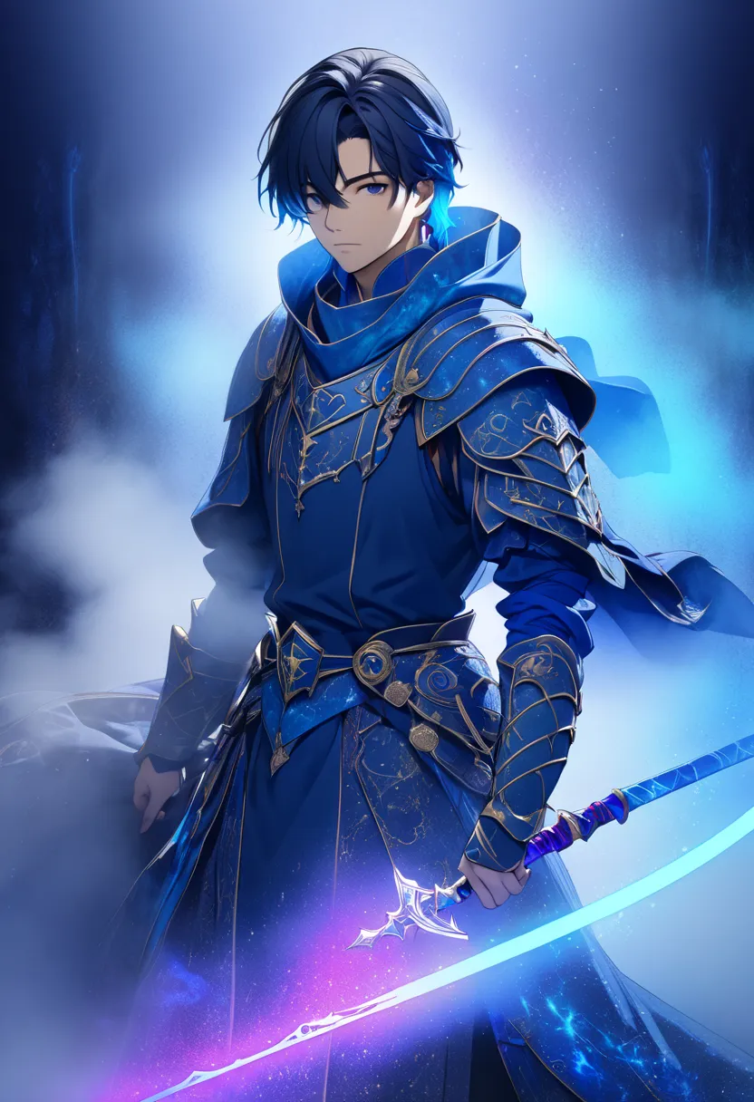 a young man in a knight costume based on blue･ dark haired man"asuka" , a young man in a knight costume based on blue with a sac...