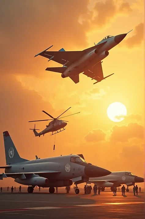 "A MiG-29 fighter jet ascending into a golden sky, symbolizing ambition, while a Mi-171 helicopter delivers aid to flood-affected areas below. In the foreground, UN peacekeeping aircraft marked with the UN logo are parked on a runway, with personnel coordi...