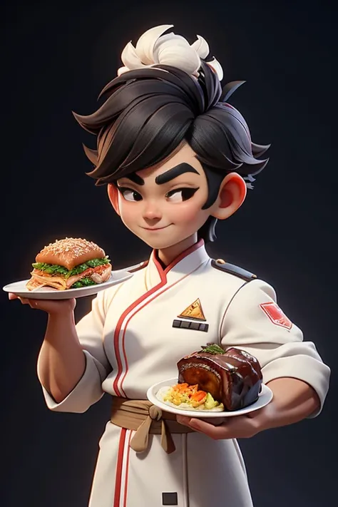 Thai chef, a 3D cartoon, wears a white uniform, does not wear a hat and a red sash. One hand held a plate with a large piece of crispy pork on it. with consistently high efficiency Warm and natural that helps emphasize the chefs