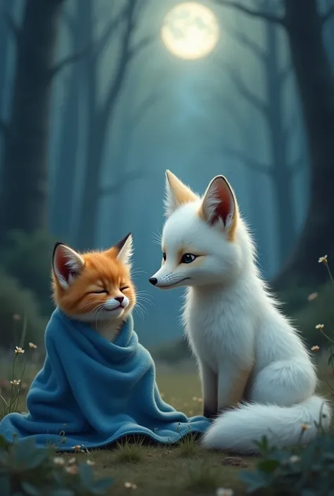 A brown little kitten closed eyes wrapped in blue blanket crying loudly at night and a kind White fox come to help him in the forest