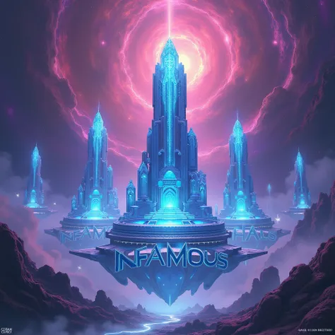 Letters in capitol say INFAMOUS in album art // floating crystal temples in a nebula of color, outter space // now use this idea to make an image art for the INFAMOUS ALCHEMiST