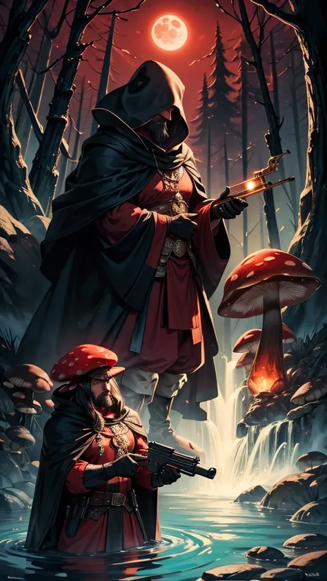 A mushroom man, a muscular man, holding a gun, a black cloak, smoking a water bath, on a red full moon night