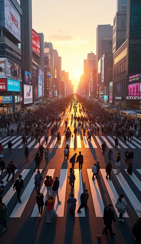 ((top-quality, masterpiece:1.3)), (Amazing Art work:1.1)), (Very realistic), Scramble Crossing in Shibuya, Tokyo ,  People walking in all directions, vast, ((dusk, sunset))