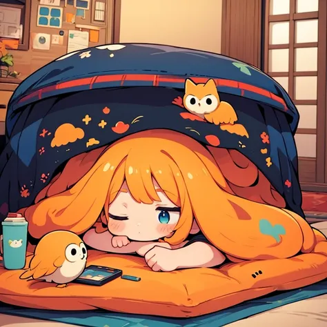 ​masterpiece,Chibi,cute、 girl relaxing with kotatsu、 relaxed expression 、Tangerine and owl kotatsu