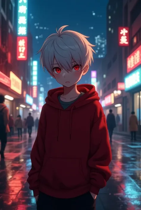 1boy, short white hair, sky blue, red eyes, red hoodie, black pants, city, high res,in night, 8K, utrasharp, masterpiece, looking at viewer.in anime 