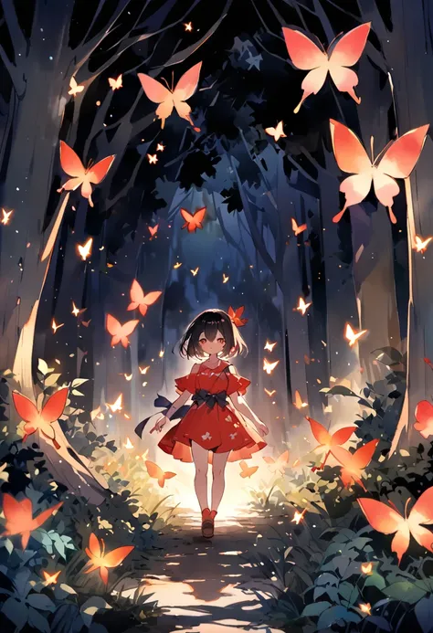 Watercolor,sarada,girl,,solo,black hair,spicky short hair,magical red glowing butterflies in forest at night in dark,through trees and leaves,magical,sarada uchiha