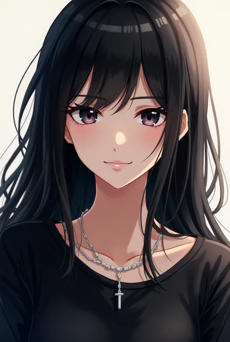 Beautiful women,anime,black hair, black eyes, black t-shirt,white necklaces 