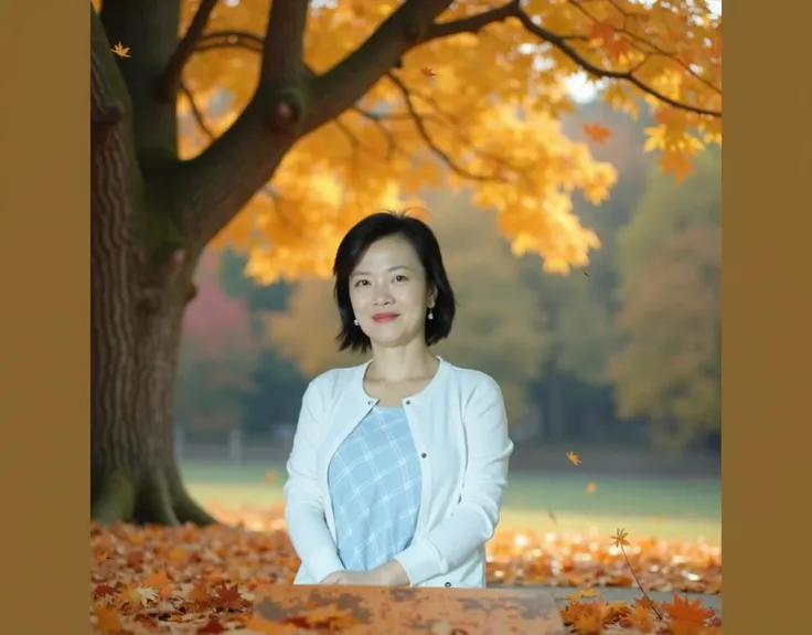 Beautiful little Korean woman in her 50s  、 Short, medium length hair  、  Top Quality  、VERY DETAILED、  High Quality Details  、8k、autumn forest、  beautiful Korean woman in her 50s  . Wearing a luxurious sky blue dress and a white mid-length cardigan. Short...