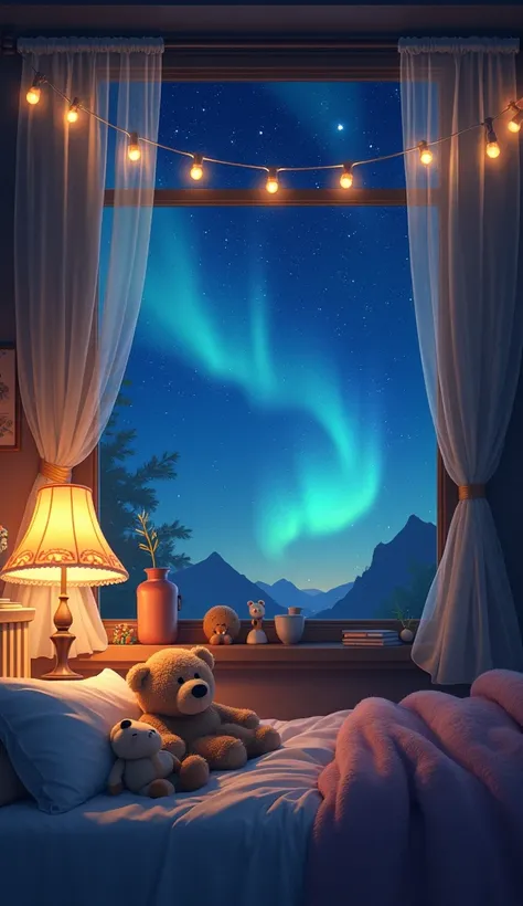  High Quality 、A sky full of stars、  covered with a blanket,  Wall Hanging String Light,  window ,  cozy atmosphere , At night, wonder, Pixiv,　Fluffy spider　 cute bear doll 　Sky full of bright stars 　 auroras
Warm Lamp 　Lovely bed　