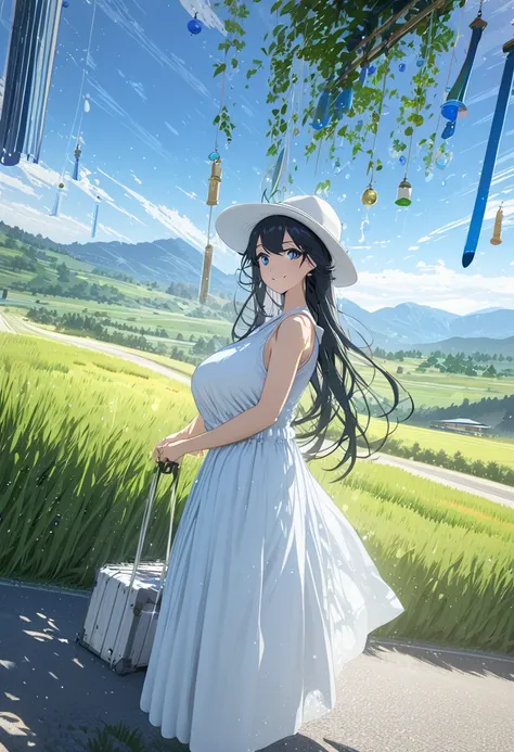 Masterpiece,nest quality,ultra detailed,8k,anime style ,White hat, black hair, long hair, neat sleeveless dress, large breasts, suitcase, neat smile, ((country road with countless wind chimes hanging from the street)), simple countryside scenery, mountains...