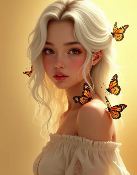 A close-up, highly detailed digital painting of a young woman with platinum blonde hair in loose waves cascading over her right shoulder. Her head is slightly tilted to the left, gazing directly at the viewer with large, expressive hazel eyes framed by thi...